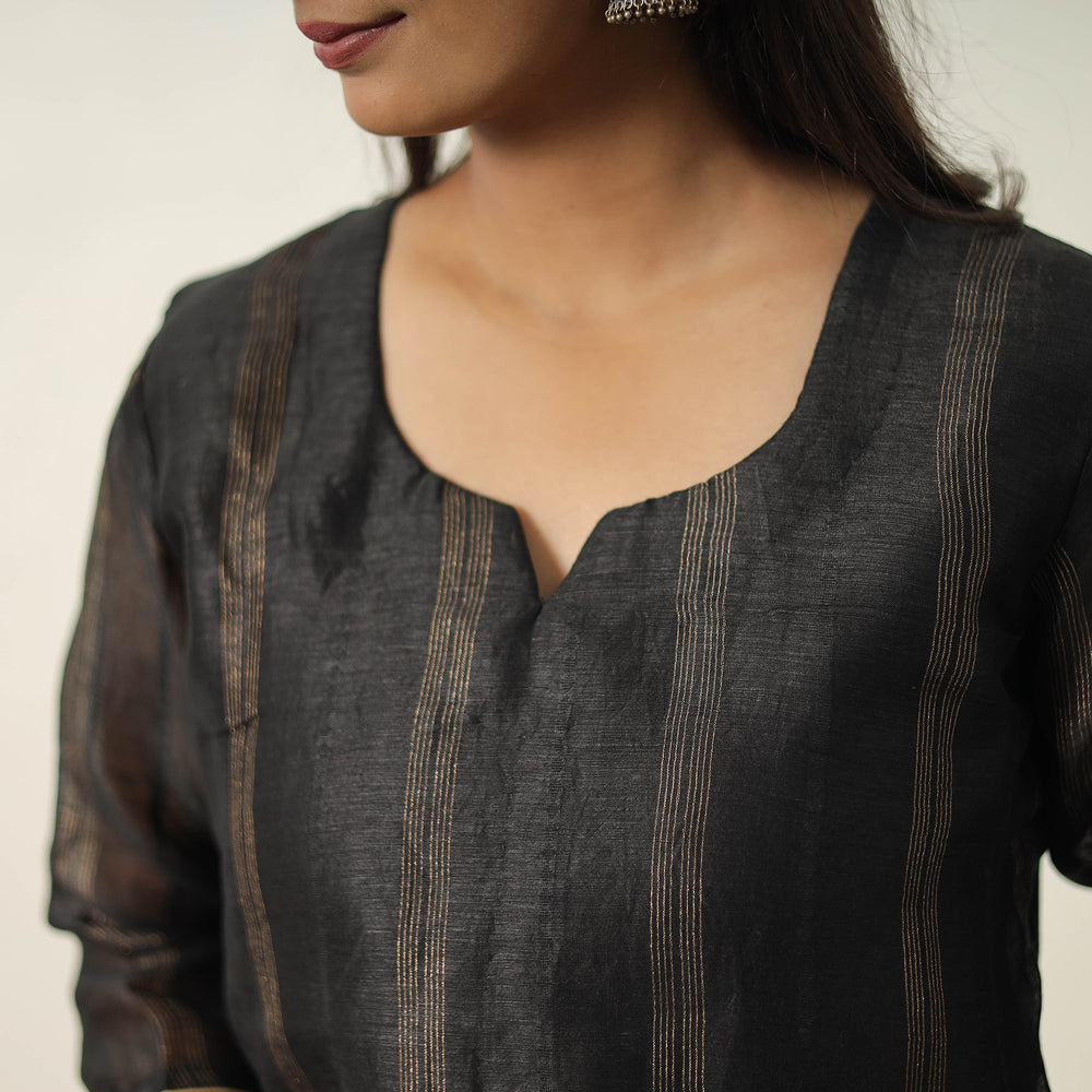 Black - Elegant Linen Silk Handloom Plain Kurta Set 04