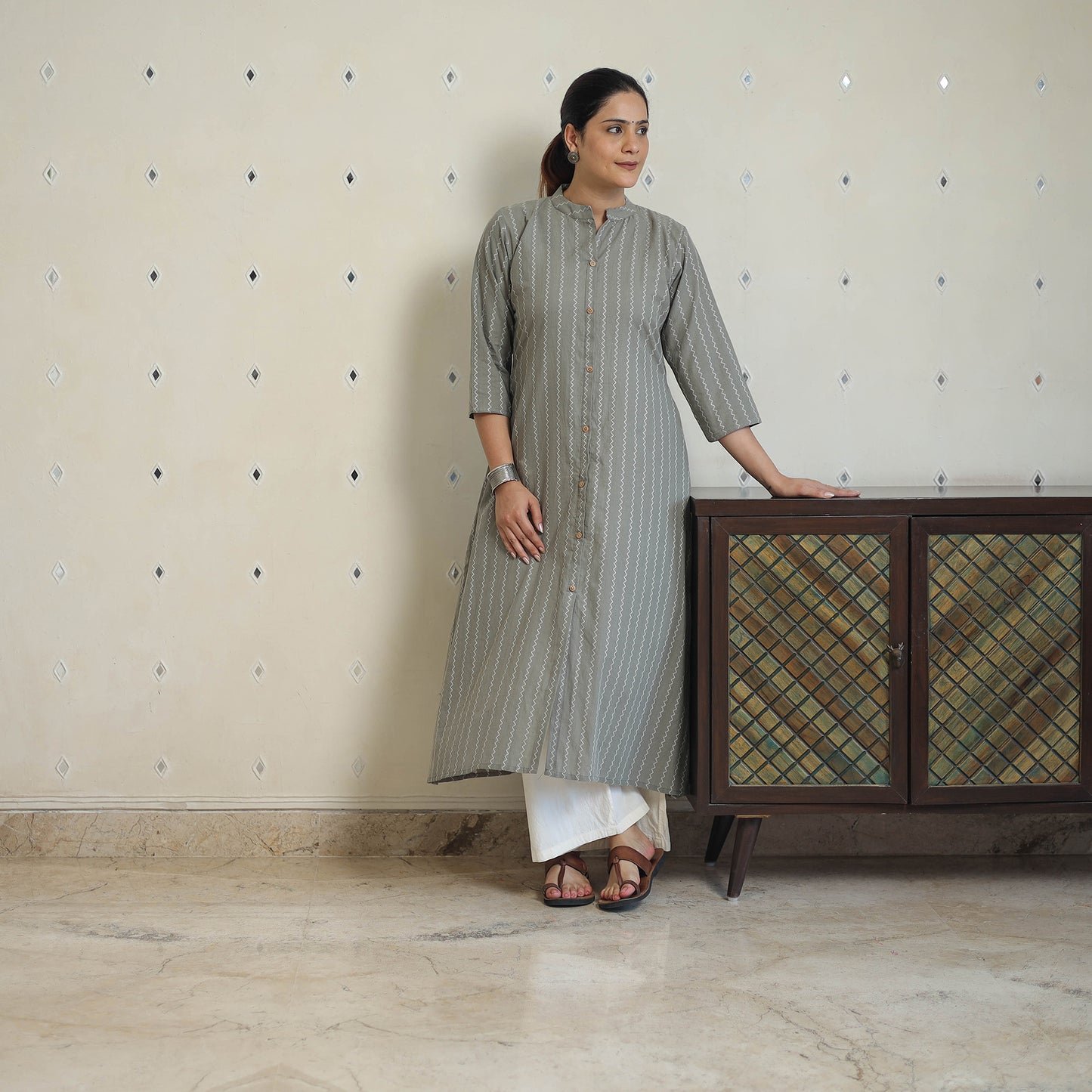 Grey - Jacquard Cotton A-Line Kurta 16