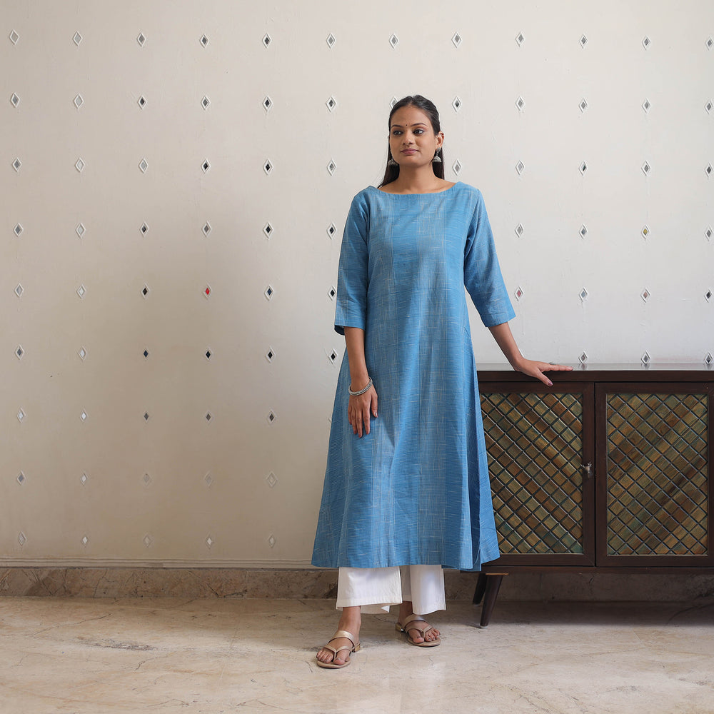 Blue - Handwoven Checks Cotton Flared Kurta 29