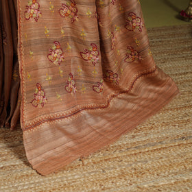 Brown - kashidakari hand embroidery pure tussar silk saree
