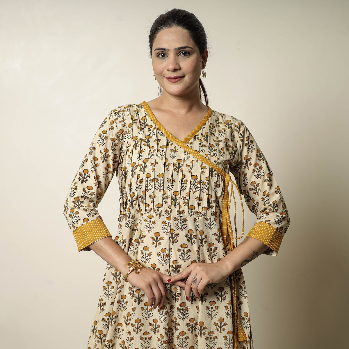 Beige - Bagru Block Printed Cotton Angrakha Flared Dress 07