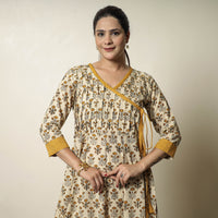 Beige - Bagru Block Printed Cotton Angrakha Flared Dress 07