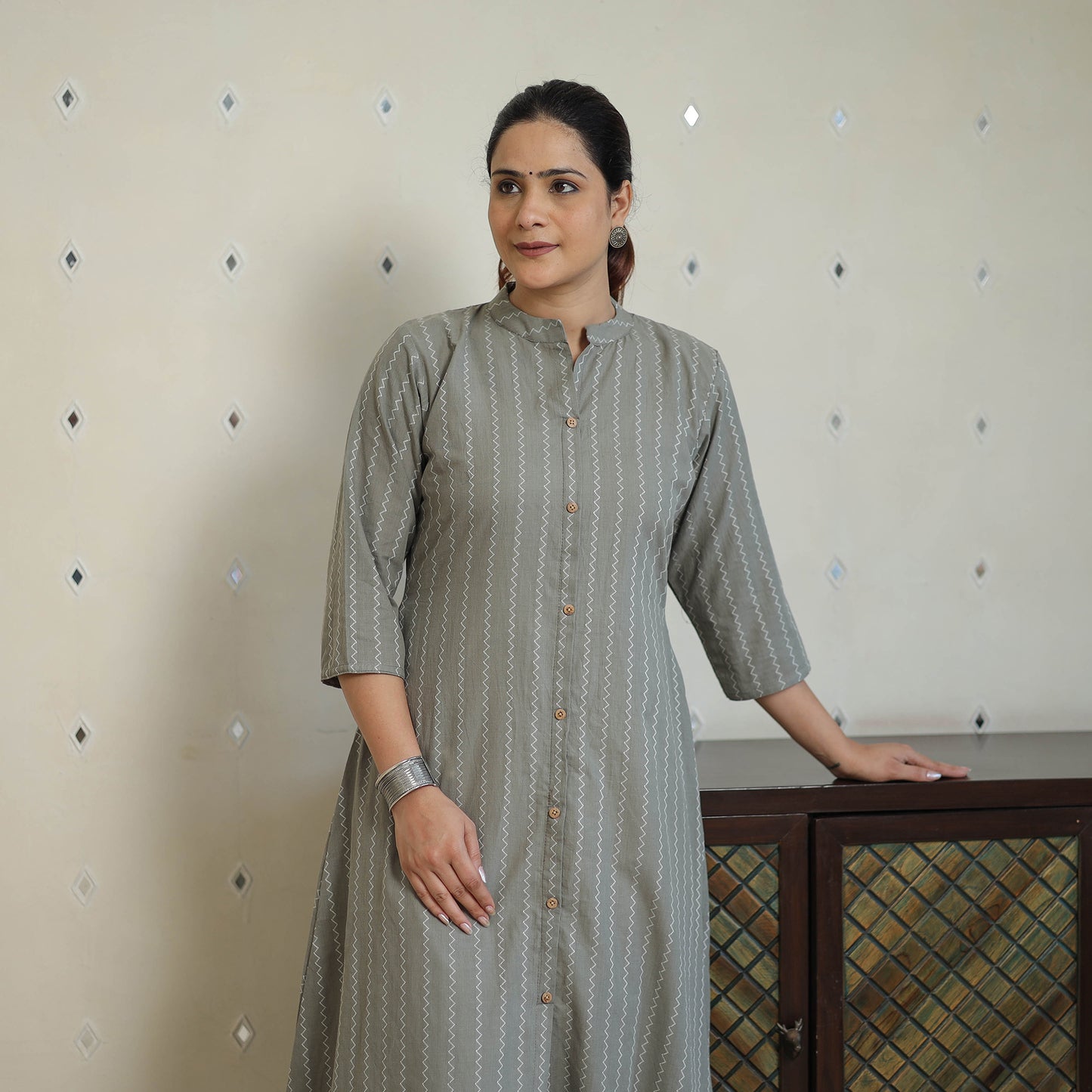 Grey - Jacquard Cotton A-Line Kurta 16