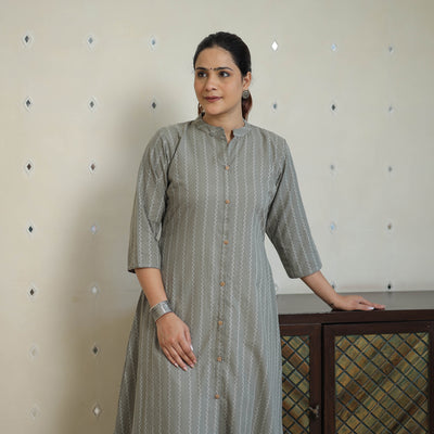 Grey - Jacquard Cotton A-Line Kurta 16