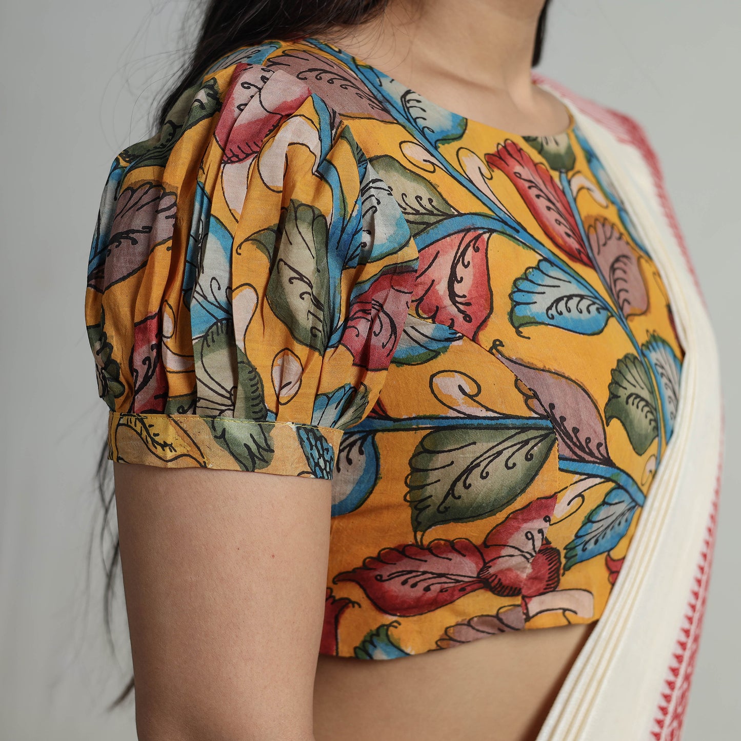 Orange - Srikalahasti Handpainted Penwork Kalamkari Chanderi Silk Stitched Blouse 06