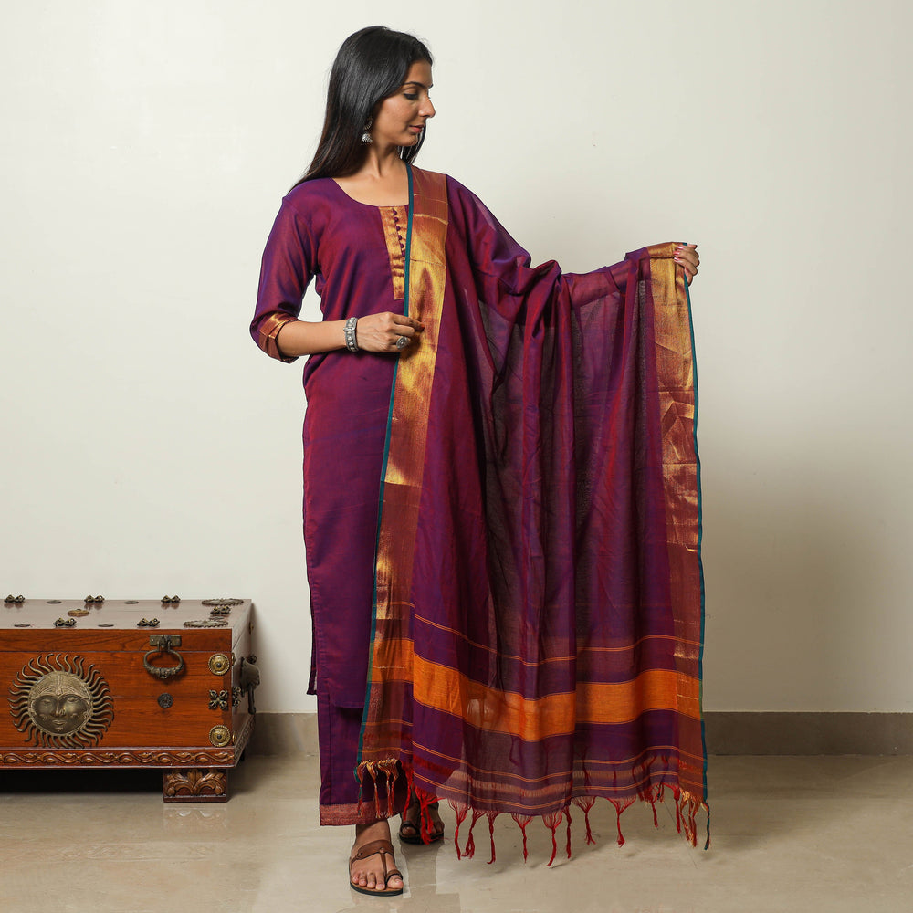 Purple - Dharwad Cotton Kurta with Palazzo & Dupatta Set 09