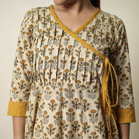 Beige - Bagru Block Printed Cotton Angrakha Flared Dress 07