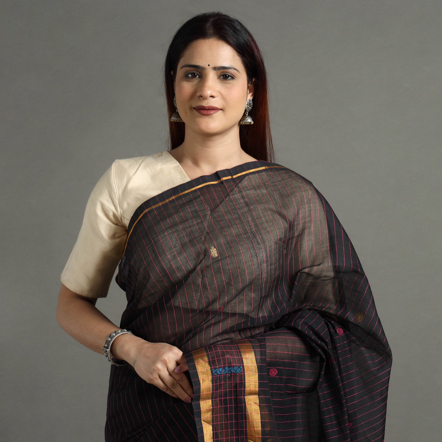Black - Traditional Venkatagiri Handloom Cotton Stripe Saree with Thread & Zari Buti 35