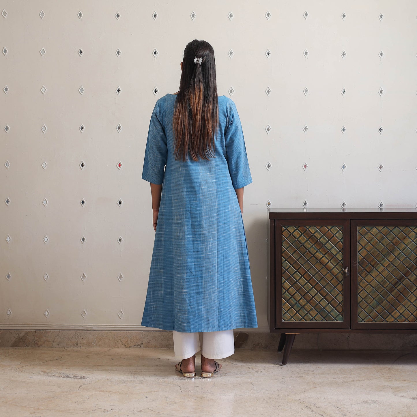 Blue - Handwoven Checks Cotton Flared Kurta 29