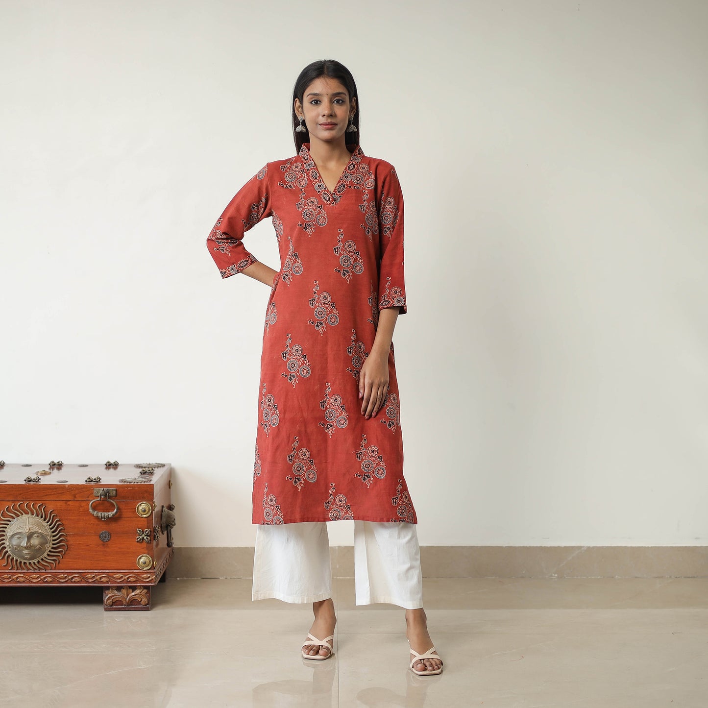 Red - Block Printed Cotton Straight Ajrakh Kurta 17