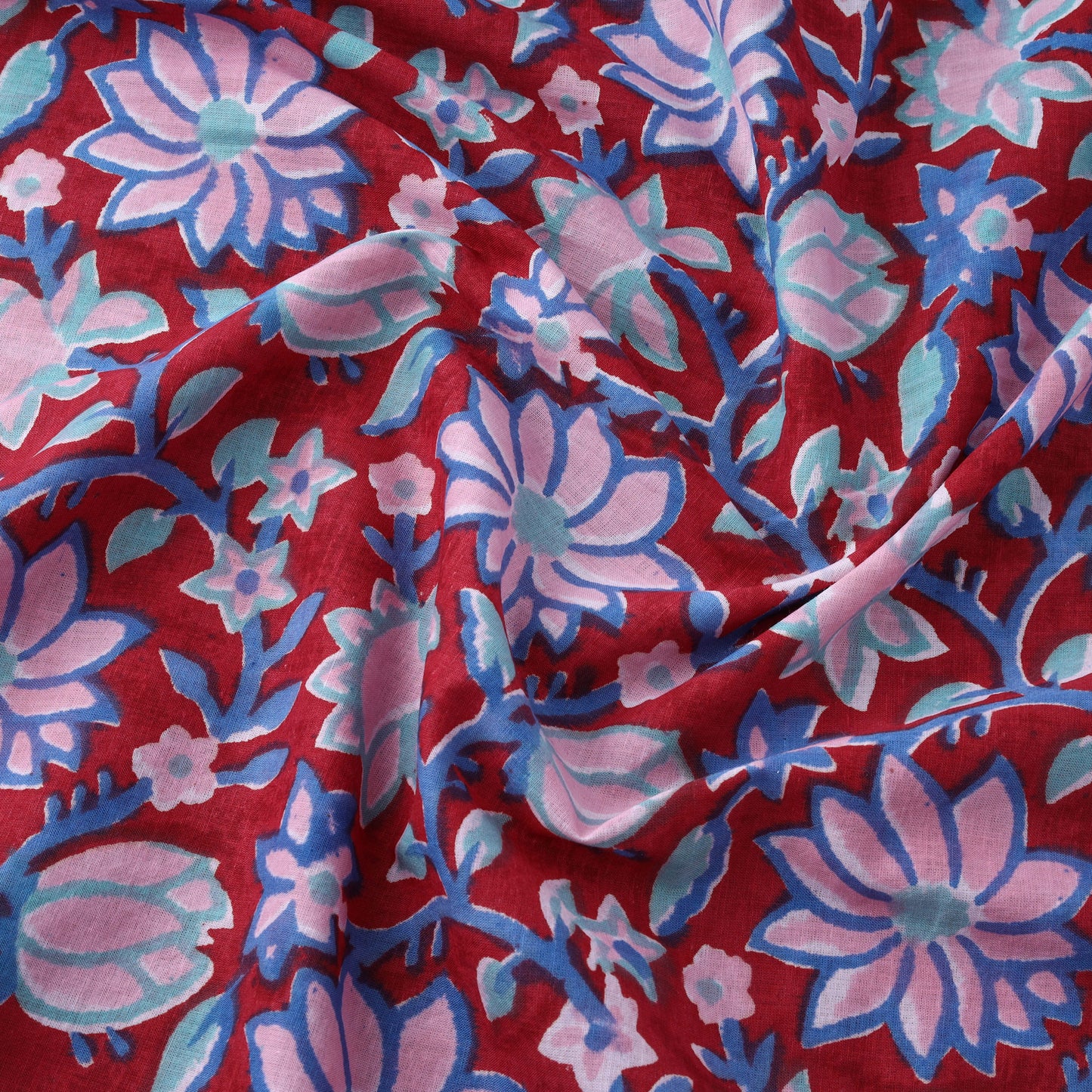 Red - Floral Sanganeri Block Print Cotton Fabric 05