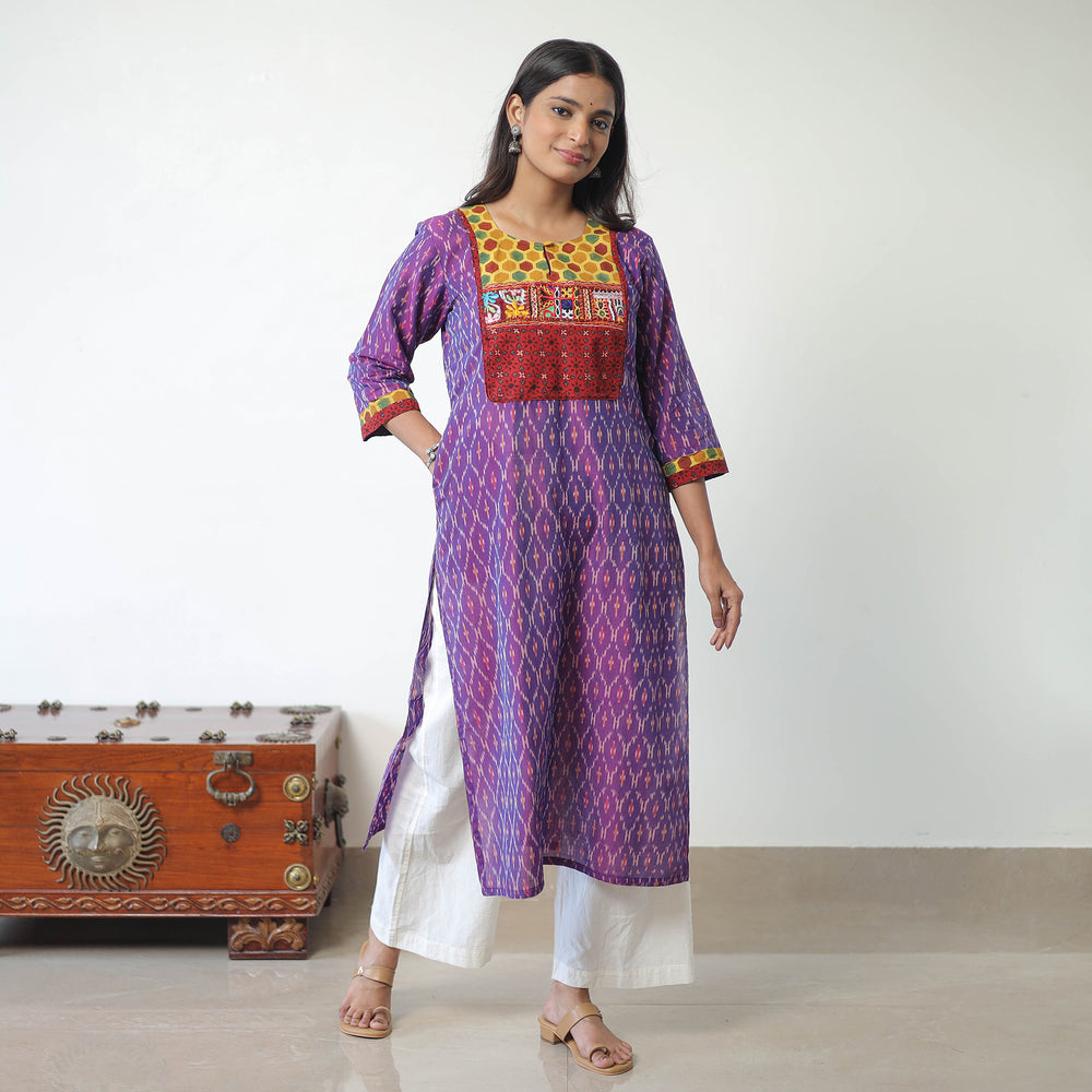 Purple - Mercerised Cotton Pochampally Ikat Kurta (Straight) 10