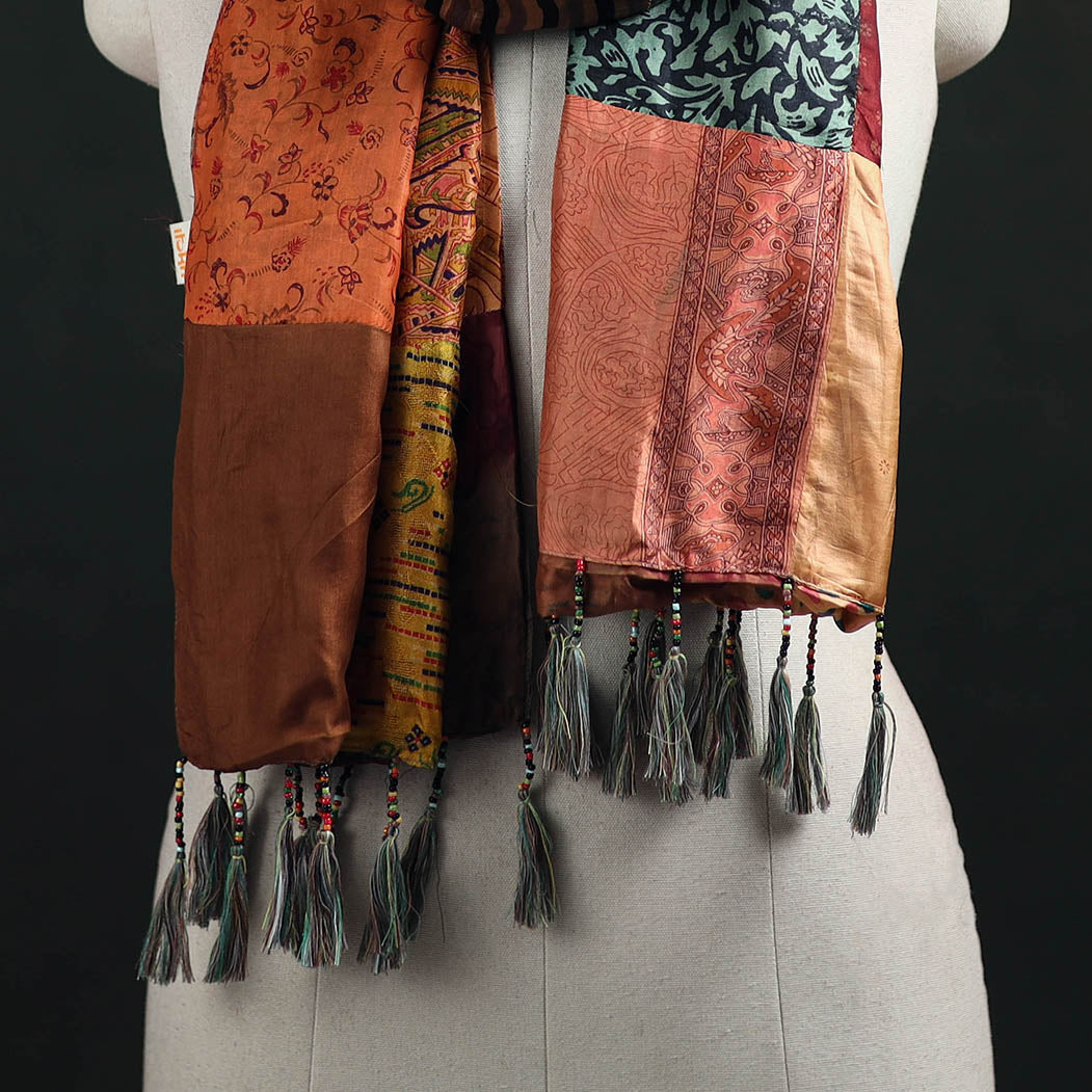 Pure Silk Reversible Patchwork Stole with Tassels 17