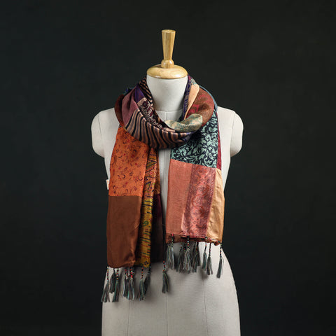 Pure Silk Reversible Patchwork Stole with Tassels 17