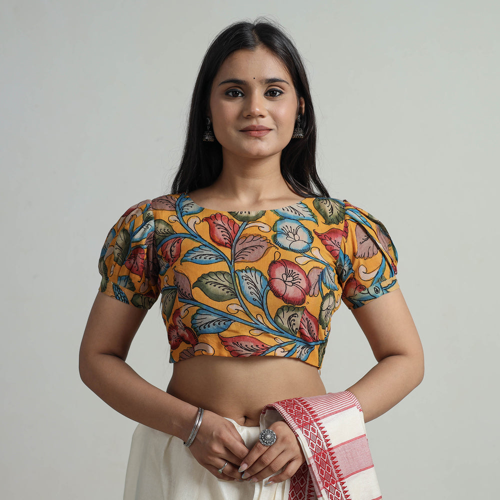 Orange - Srikalahasti Handpainted Penwork Kalamkari Chanderi Silk Stitched Blouse 06