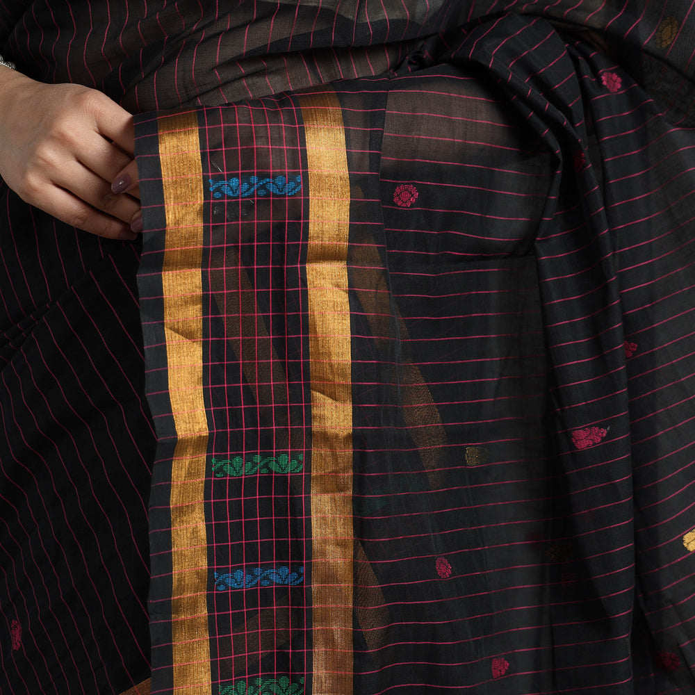 Black - Traditional Venkatagiri Handloom Cotton Stripe Saree with Thread & Zari Buti 35