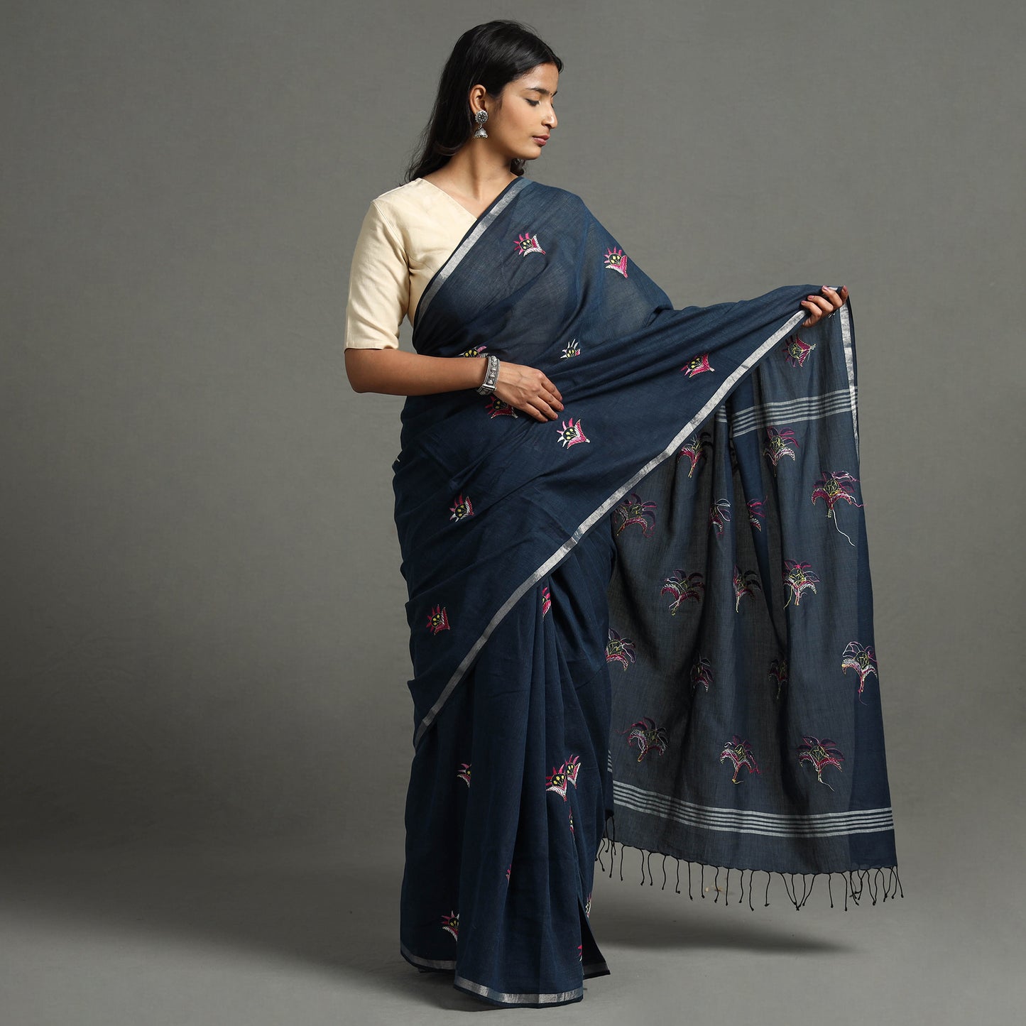 Blue - Bengal Kantha Embroidery Handloom Cotton Saree