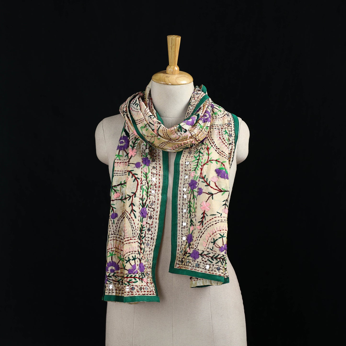 Beige - Ranihati Chanderi Silk Hand Embroidered Stole 100