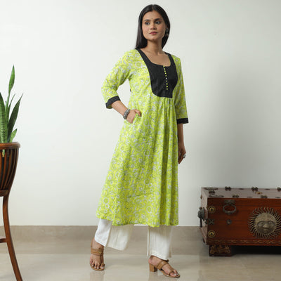 Green - Sanganeri Block Printed Cotton A-Line Kurta with Jacquard Patchwork 03