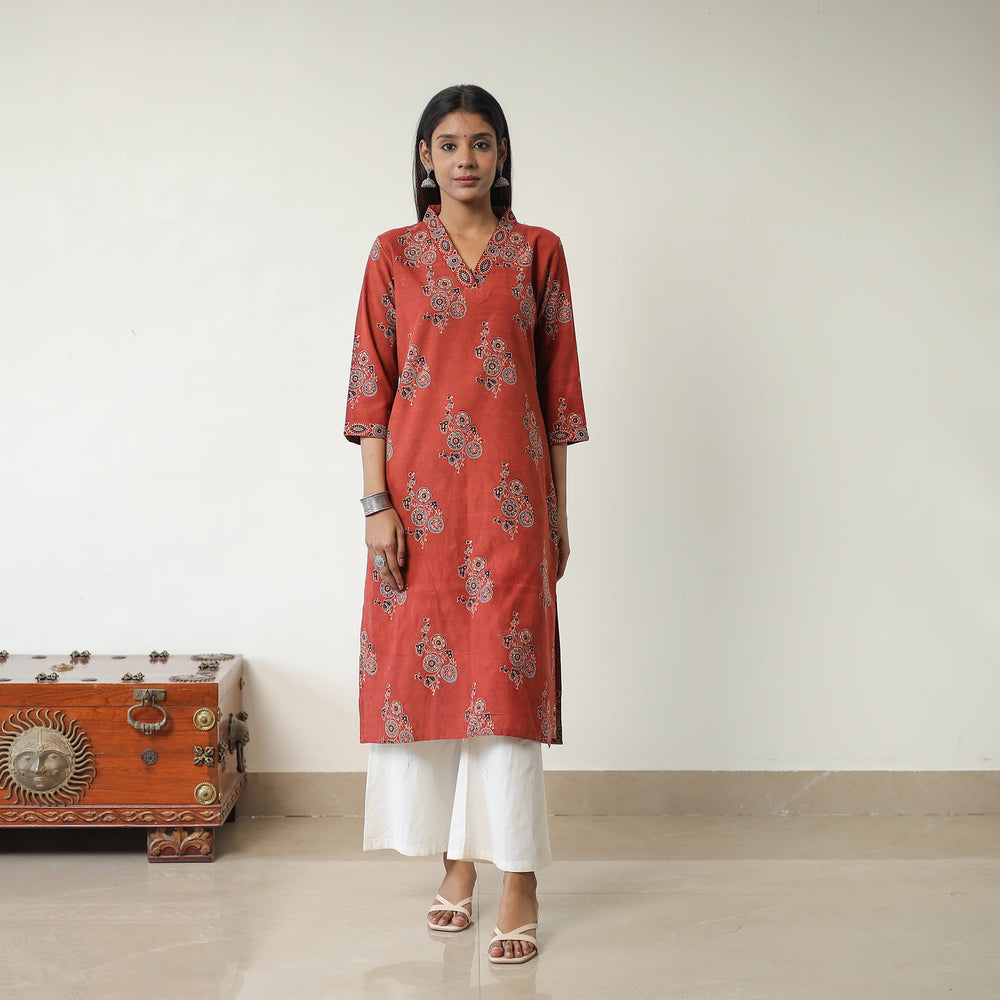 Red - Block Printed Cotton Straight Ajrakh Kurta 17