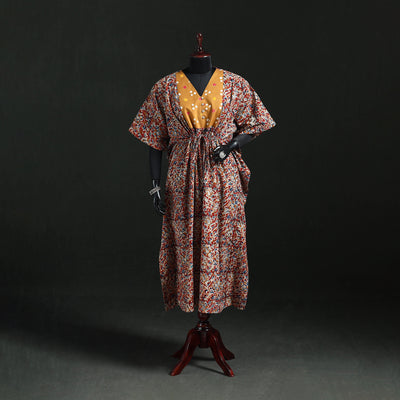 Red - Kalamkari Hand Block Print Natural Dyed Cotton Kaftan (Long) 05