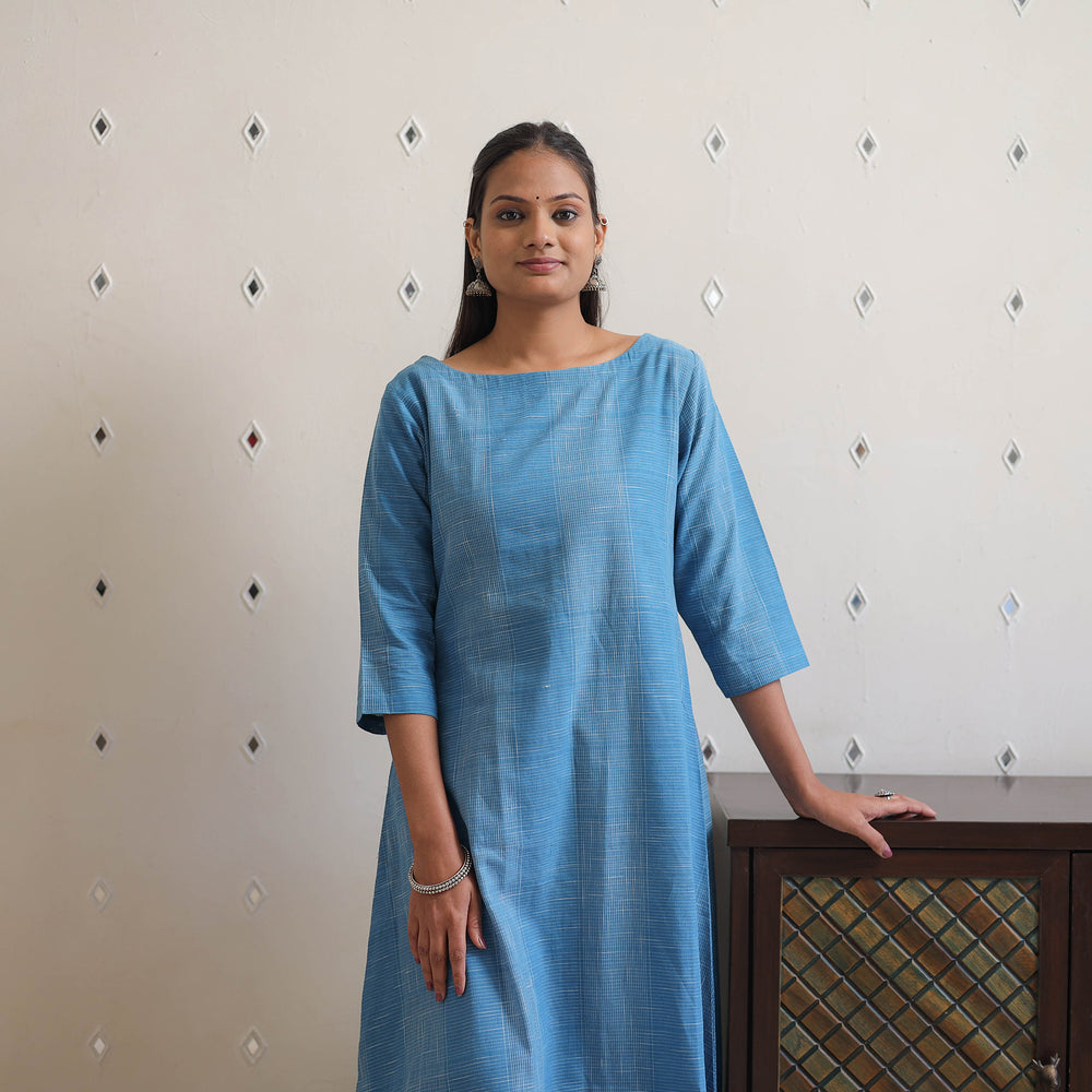 Blue - Handwoven Checks Cotton Flared Kurta 29