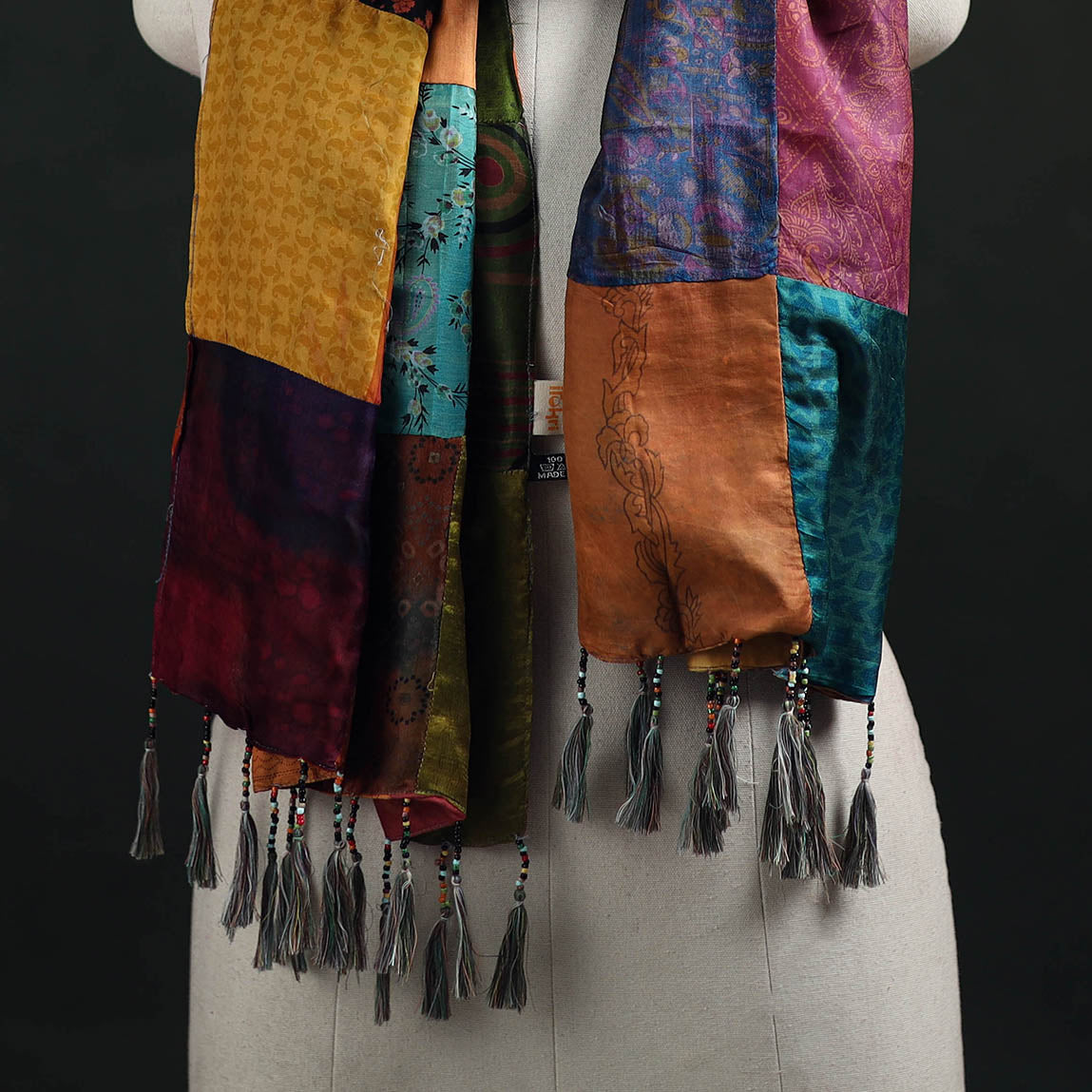 Pure Silk Reversible Patchwork Stole with Tassels 18