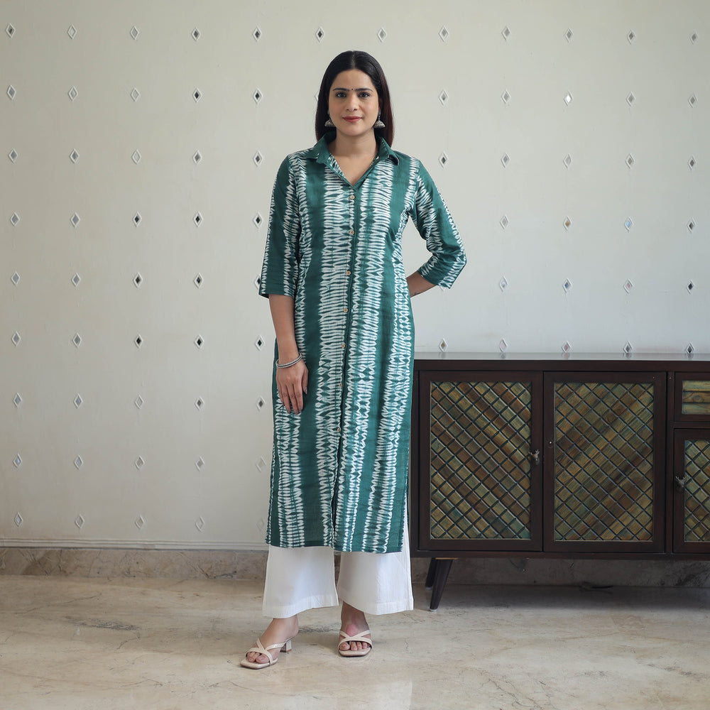 Green - Tie & Dye Cotton Straight Shibori Kurta 15