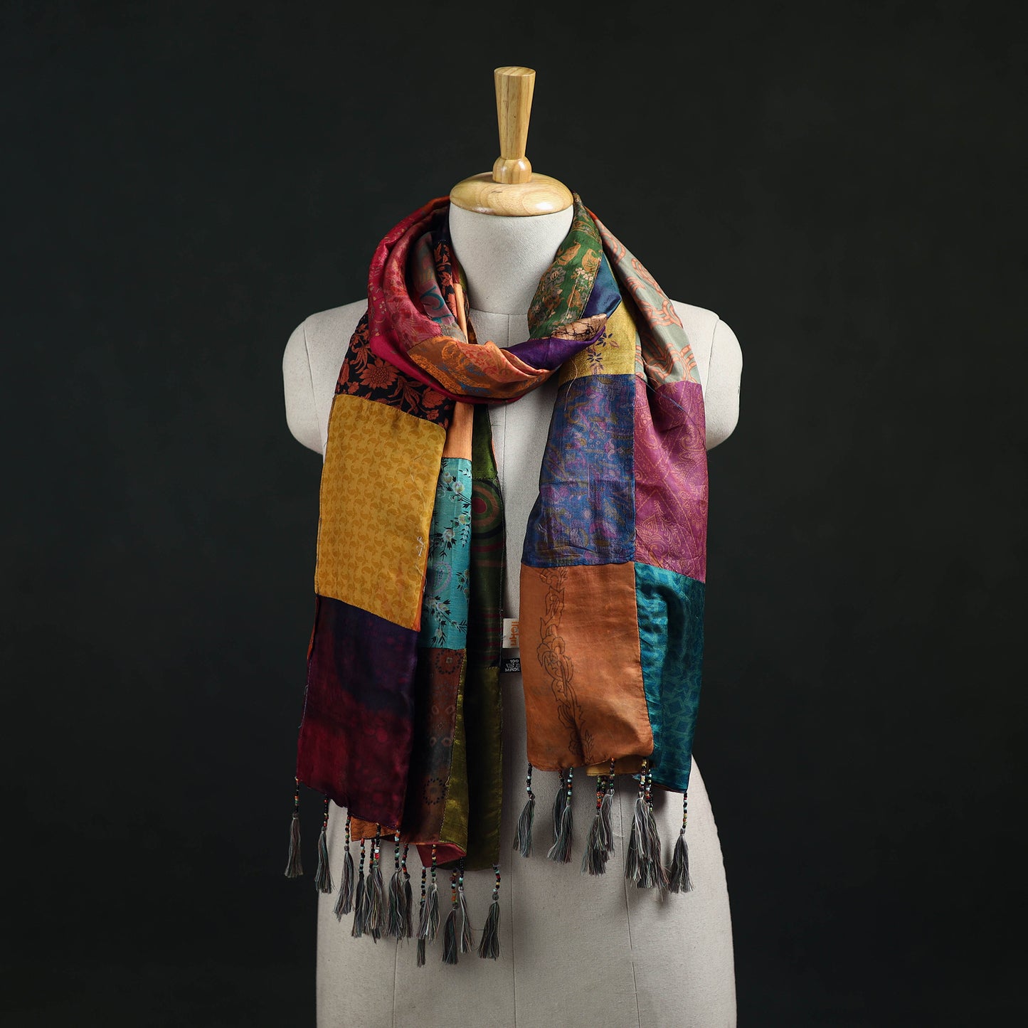 Pure Silk Reversible Patchwork Stole with Tassels 18