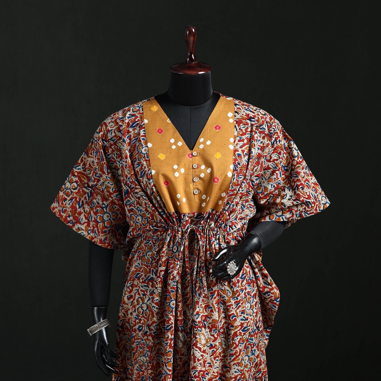 Red - Kalamkari Hand Block Print Natural Dyed Cotton Kaftan (Long) 05