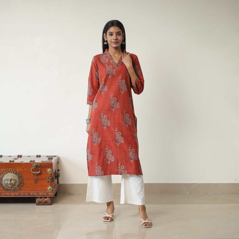 Red - Block Printed Cotton Straight Ajrakh Kurta 17