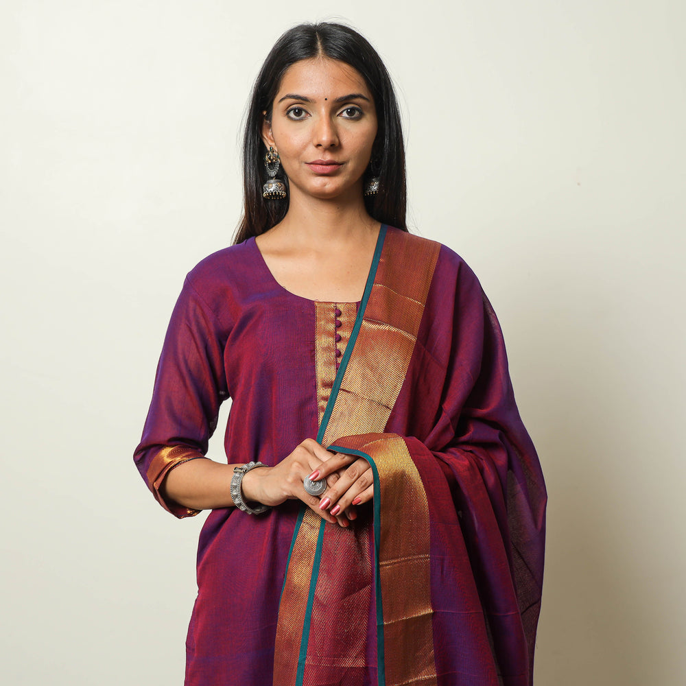 Purple - Dharwad Cotton Kurta with Palazzo & Dupatta Set 09