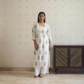 White Block Print Cotton Straight Sanganeri Kurta for Women 