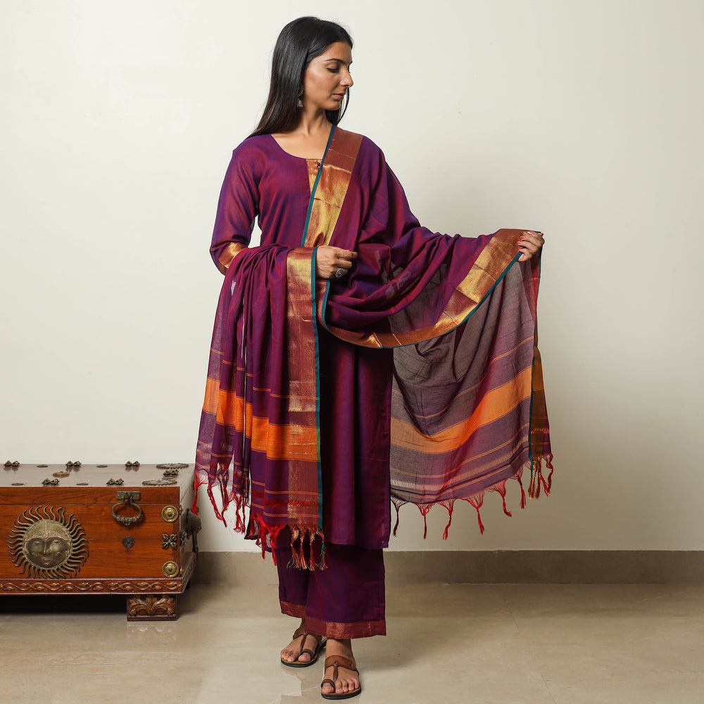 Purple - Dharwad Cotton Kurta with Palazzo & Dupatta Set 09