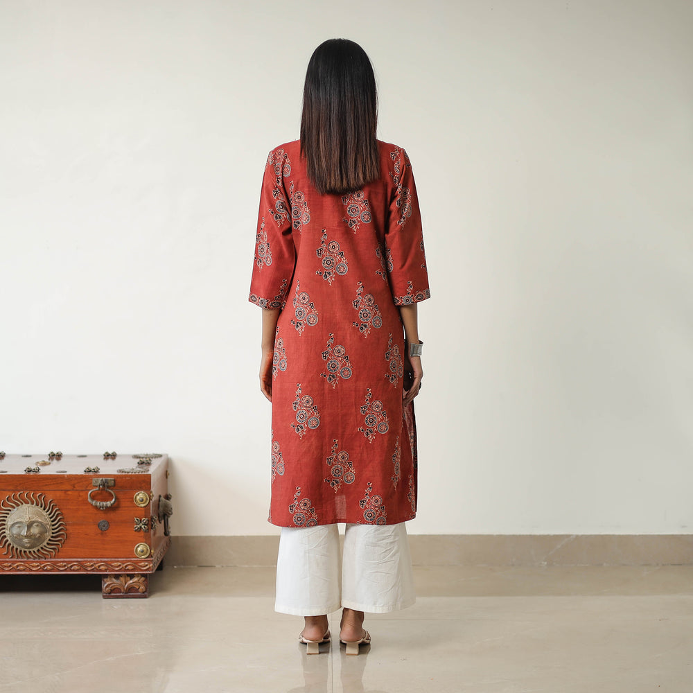 Red - Block Printed Cotton Straight Ajrakh Kurta 17