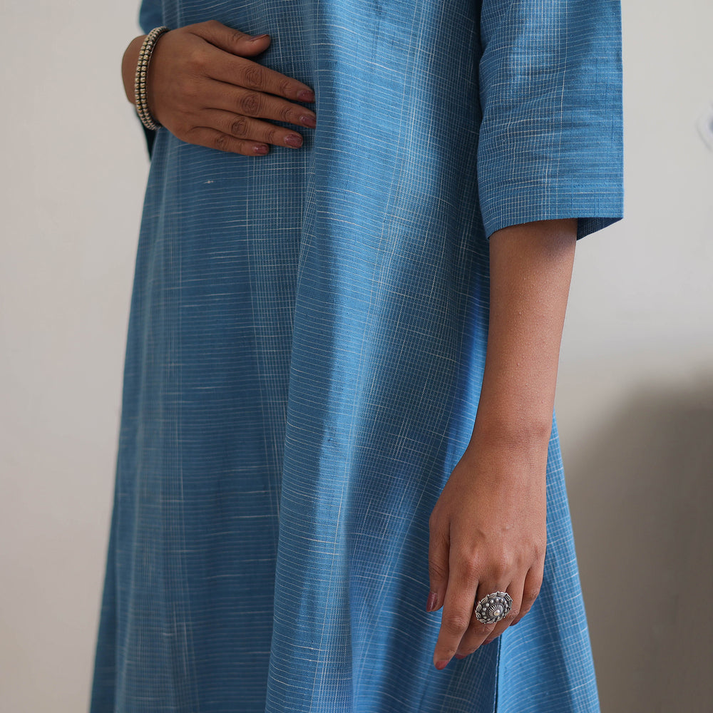 Blue - Handwoven Checks Cotton Flared Kurta 29