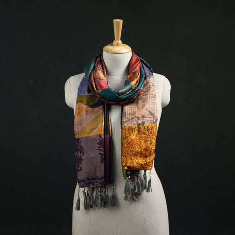 Pure Silk Reversible Patchwork Stole with Tassels 19