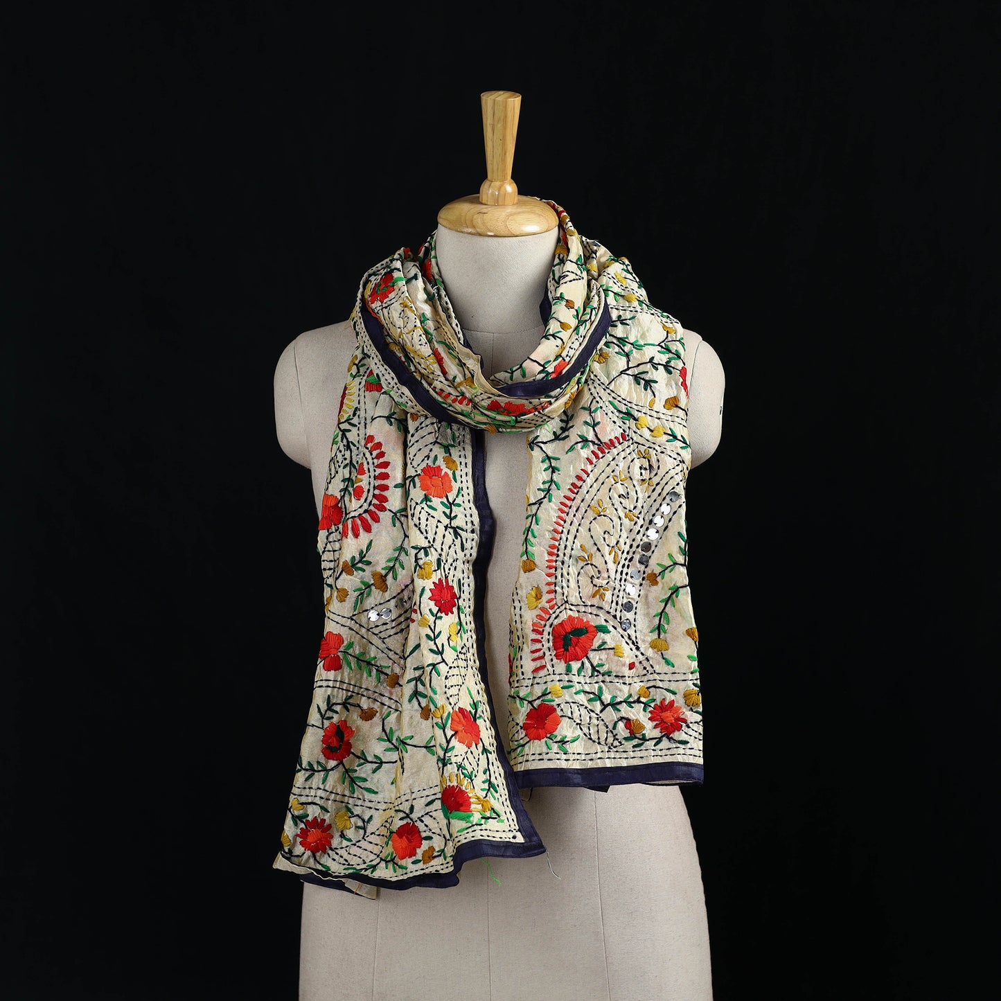 Beige - Ranihati Chanderi Silk Hand Embroidered Stole 101