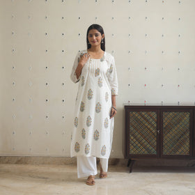 White Block Print Cotton Straight Sanganeri Kurta for Women 