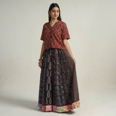 Multicolor - Kutch Block Printed 24 Kali Cotton Long Skirt 37