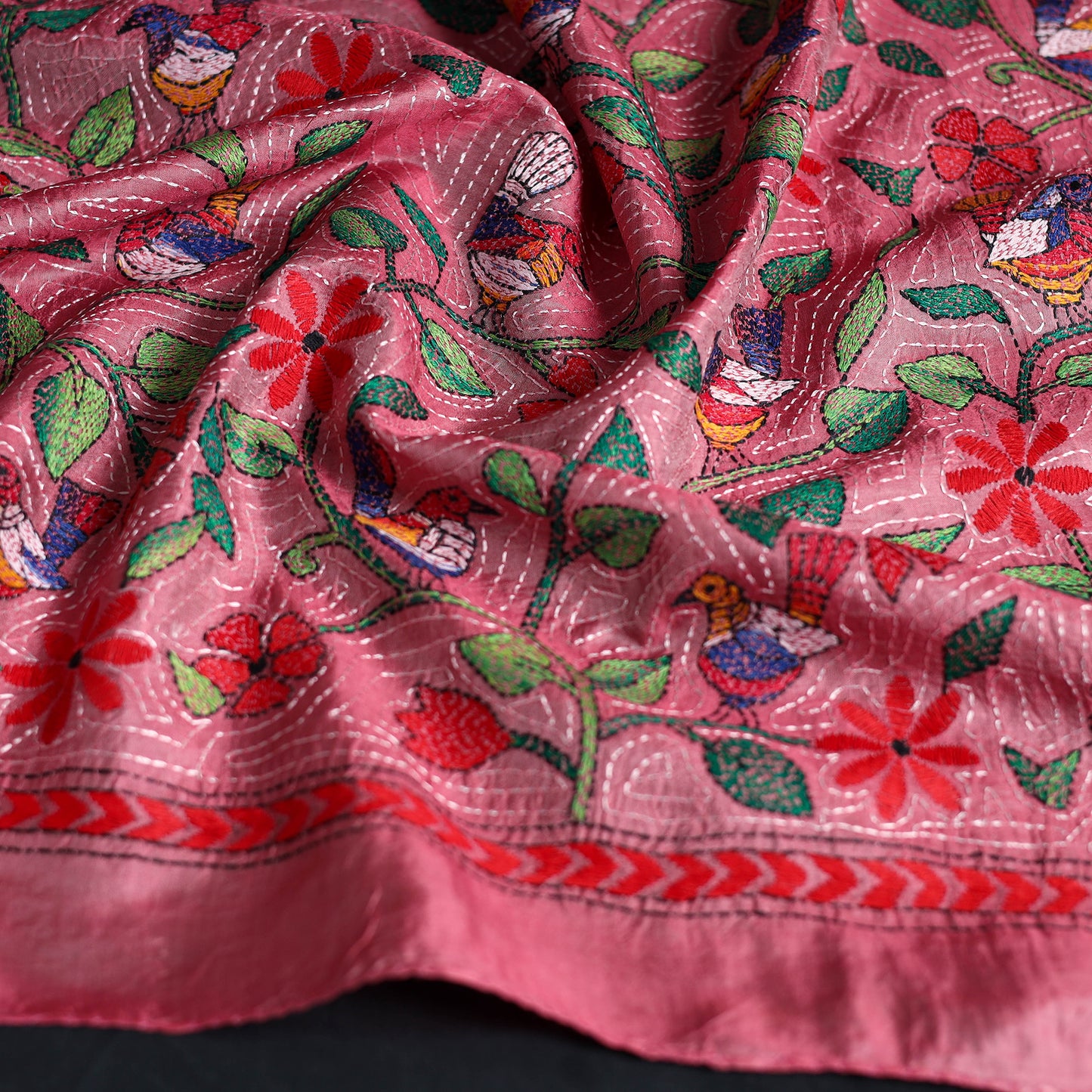 Pink - Handloom Silk Bengal Kantha Work Stole 20