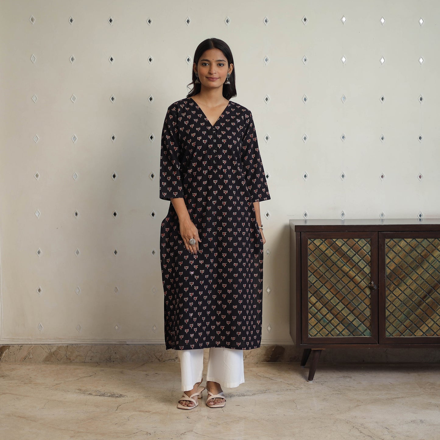 Black - Sequins Work Cotton Straight Ajrakh Print Kurta 03