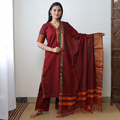 Maroon - Dharwad Cotton Kurta with Palazzo & Dupatta Set 18