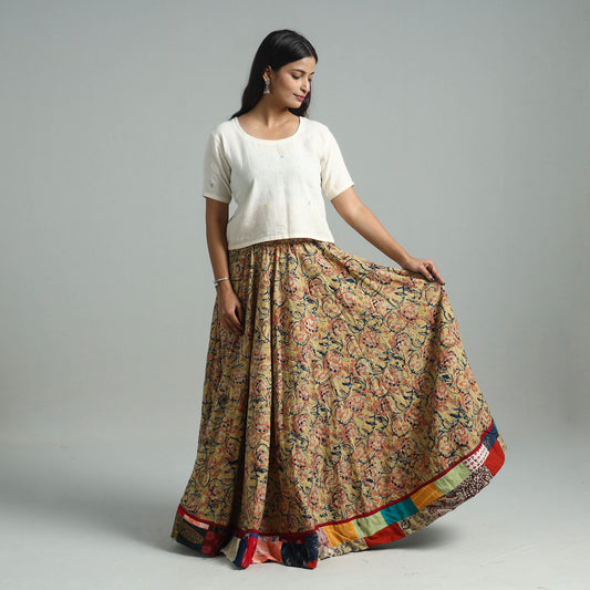 Yellow - Hand Block Printed Cotton Long Kalamkari Skirt 06