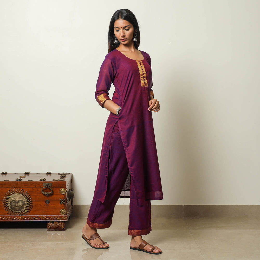 Purple - Dharwad Cotton Kurta with Palazzo & Dupatta Set 09