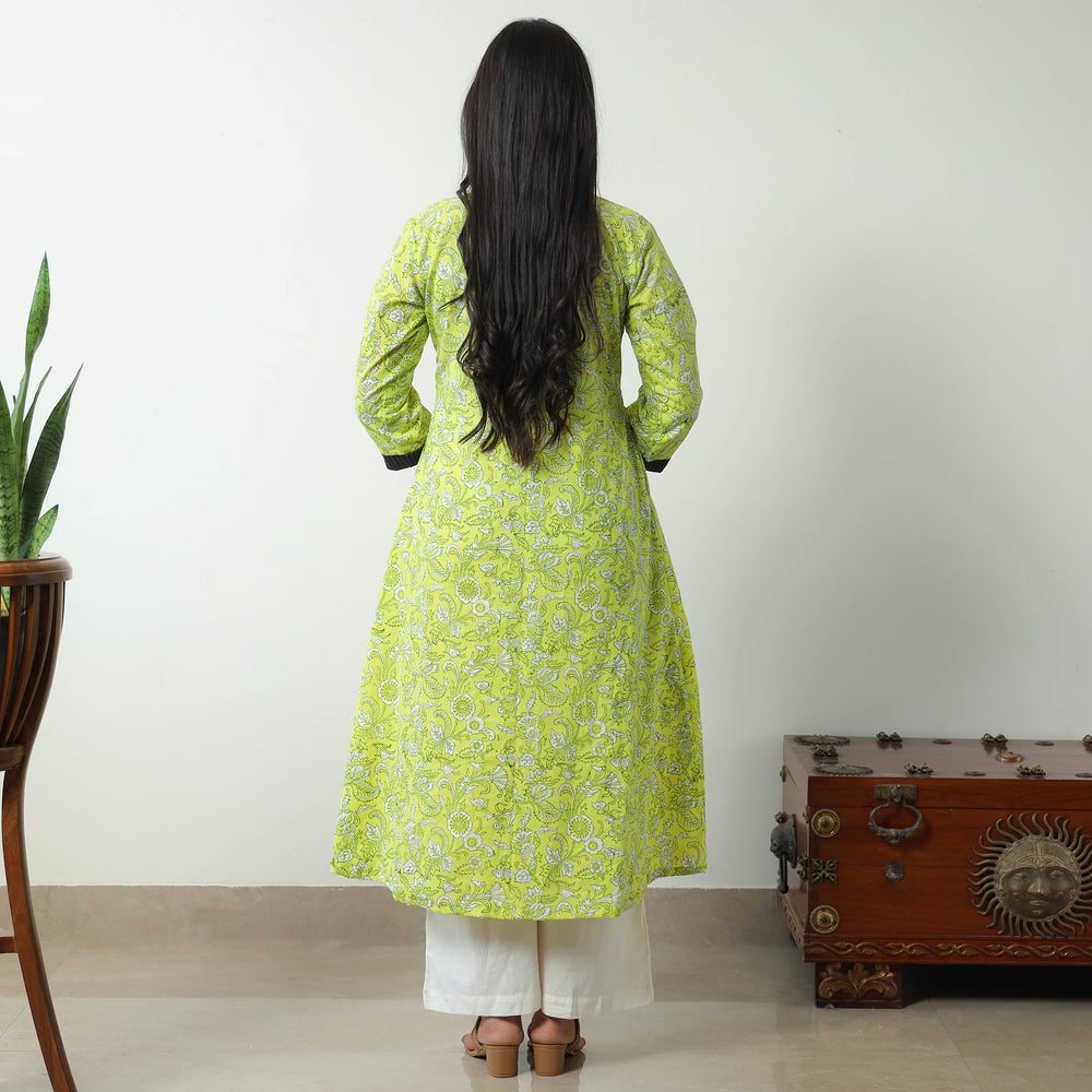 Green - Sanganeri Block Printed Cotton A-Line Kurta with Jacquard Patchwork 03