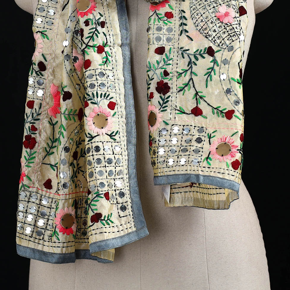 Beige - Ranihati Chanderi Silk Hand Embroidered Stole 102