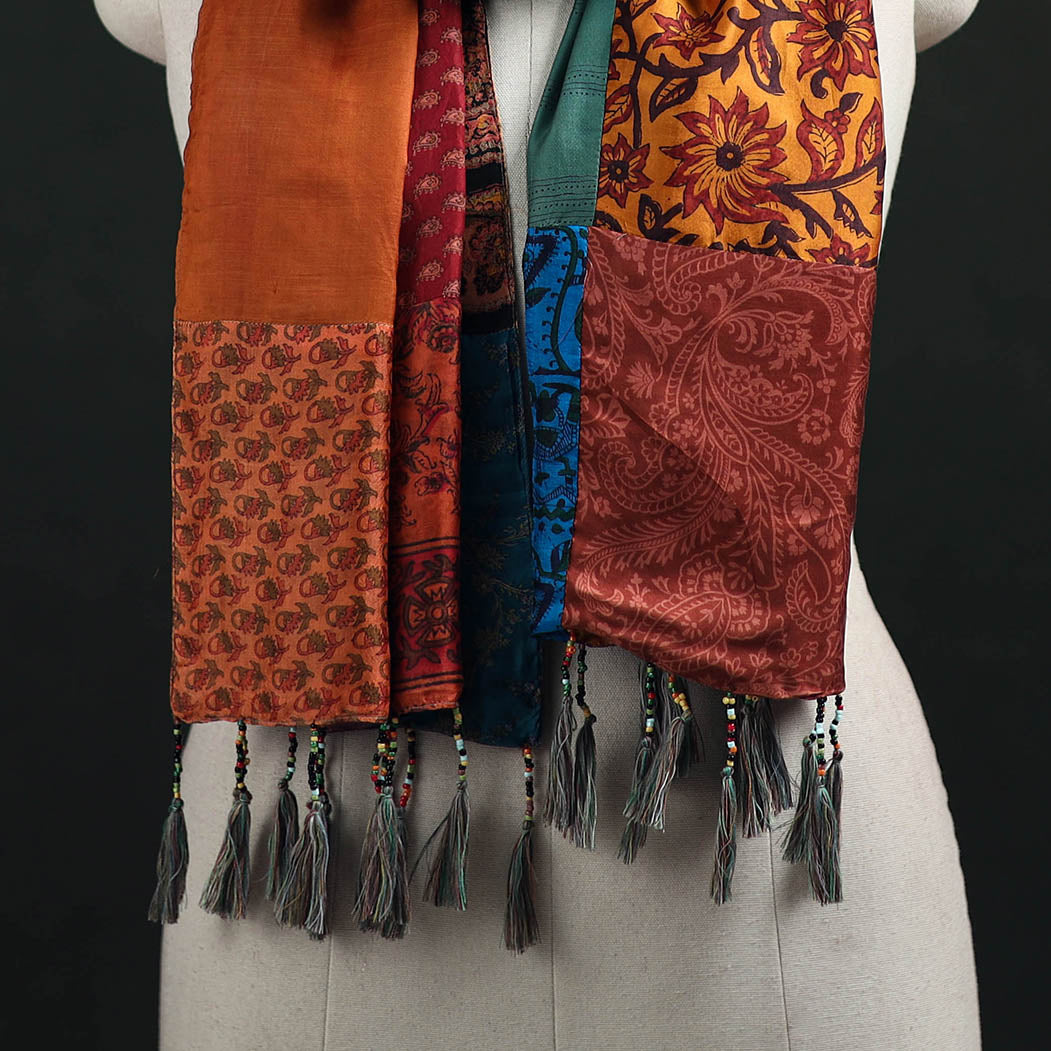 Pure Silk Reversible Patchwork Stole with Tassels 21