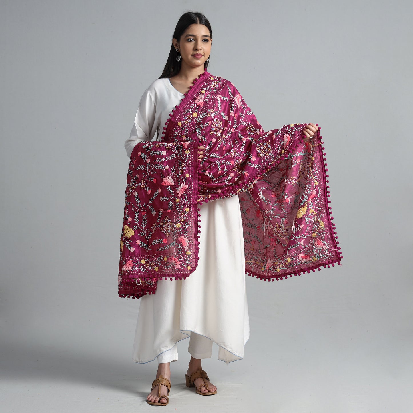 Purple - Ranihati Chanderi Silk Chapa Work Phulkari Embroidered Dupatta with Pom Pom 58