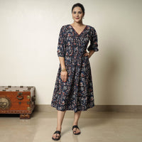 Blue - Bagru Block Printed Cotton Flared Dress 05